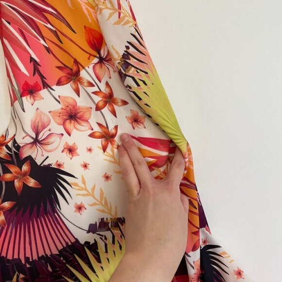 BEBE Long Sleeve Natalie Dress Royal Palm Floral Tropical Bell Sleeve 14 NO BELT - Picture 8 of 16